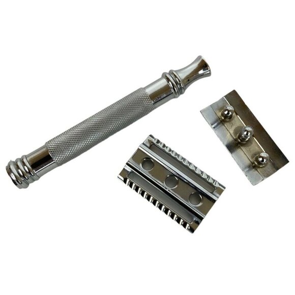Mens Double Edge Safety Razor Textured Chrome Handle Sleek Design Grooming Tool - Picture 6 of 6